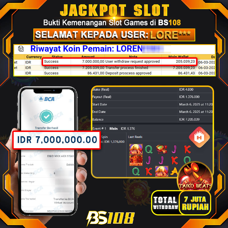 BS108 JACKPOT SLOT GACOR TAIKO BEATS HABANERO 06 MARET 2025